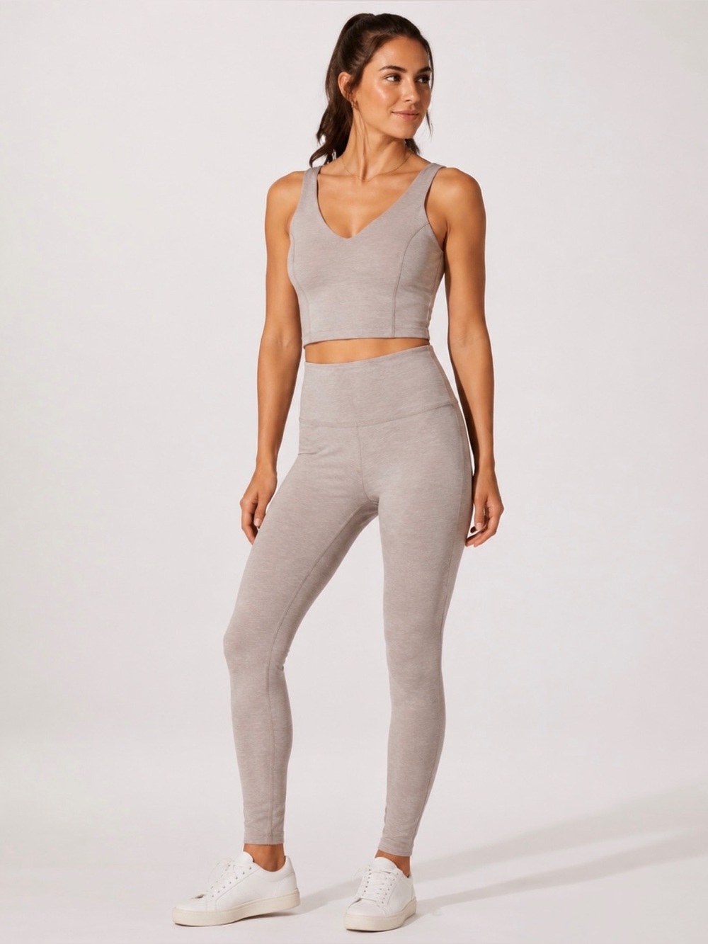 Beyond Yoga Spacedye Taupe Seamless High-Waist Legging and Top Set